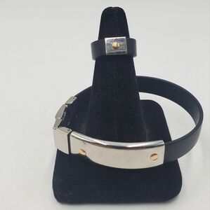 Black Silicone Stainless steel  Unisex ID  Bracelet And Ring Set